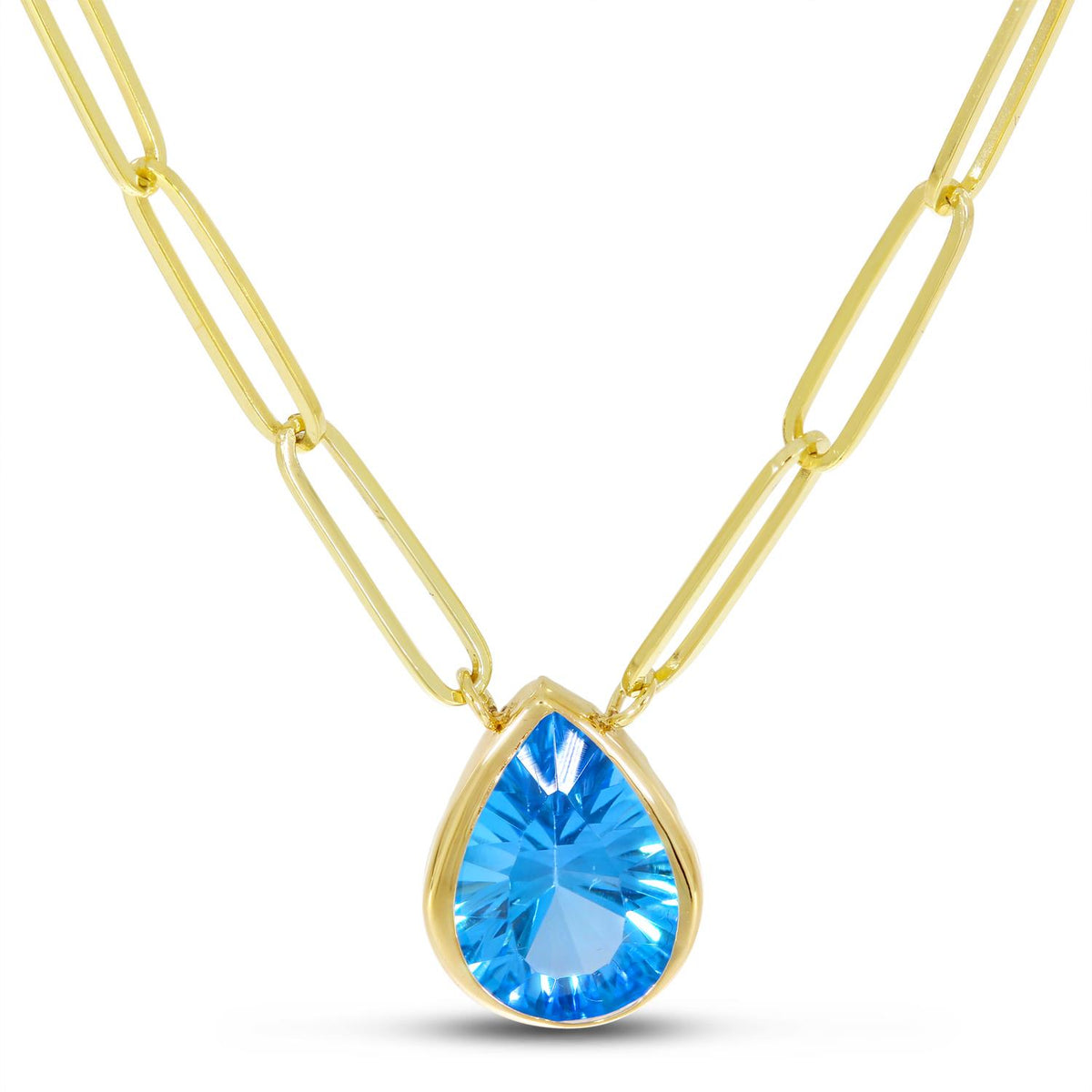 Distinctive 14K Yellow Gold Blue Topaz Pear Paperclip Chain Necklace