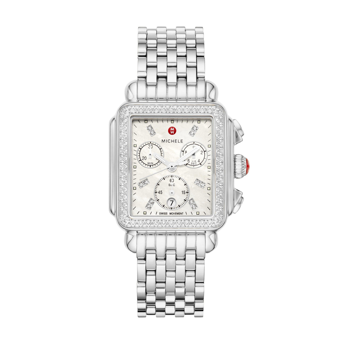 Michele Ladies' Deco Silver-Tone Stainless Steel Diamond Watch Mother-of-Pearl Dial
