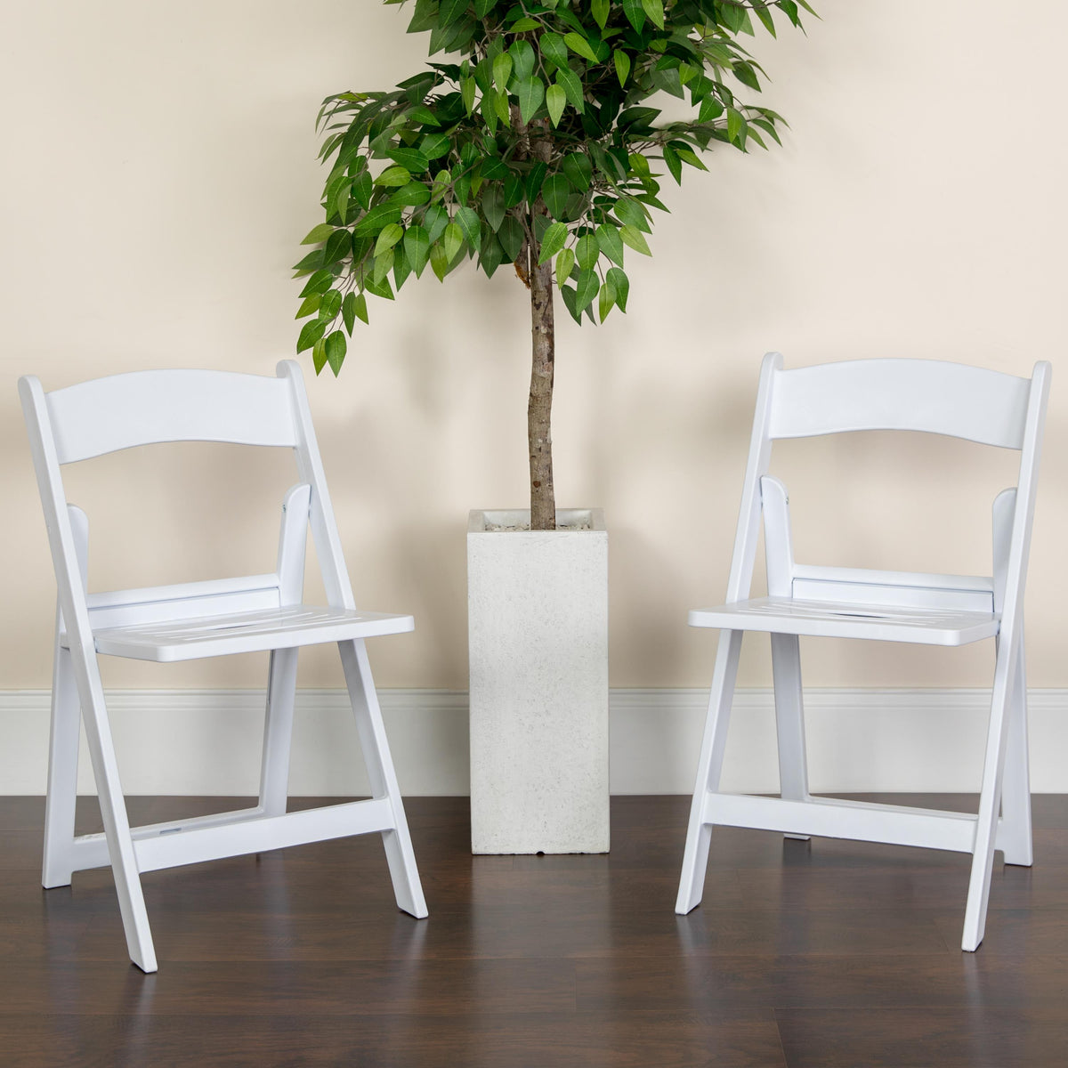 Flash Furniture 2 Pack 1000 lb. Capacity White Resin Folding Chair with Slatted Seat