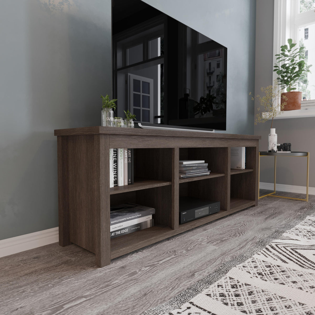 Flash Furniture TV Stand up to 80" TVs with 6 Open Storage Compartments in Gray Wash Oak Finish