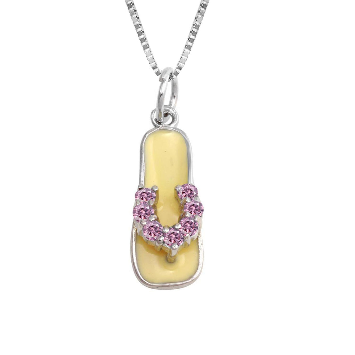 PARIKHS Rhodium Plated White Enamel Pink CZ Sandal Pendant with chain in 925 Sterling Silver