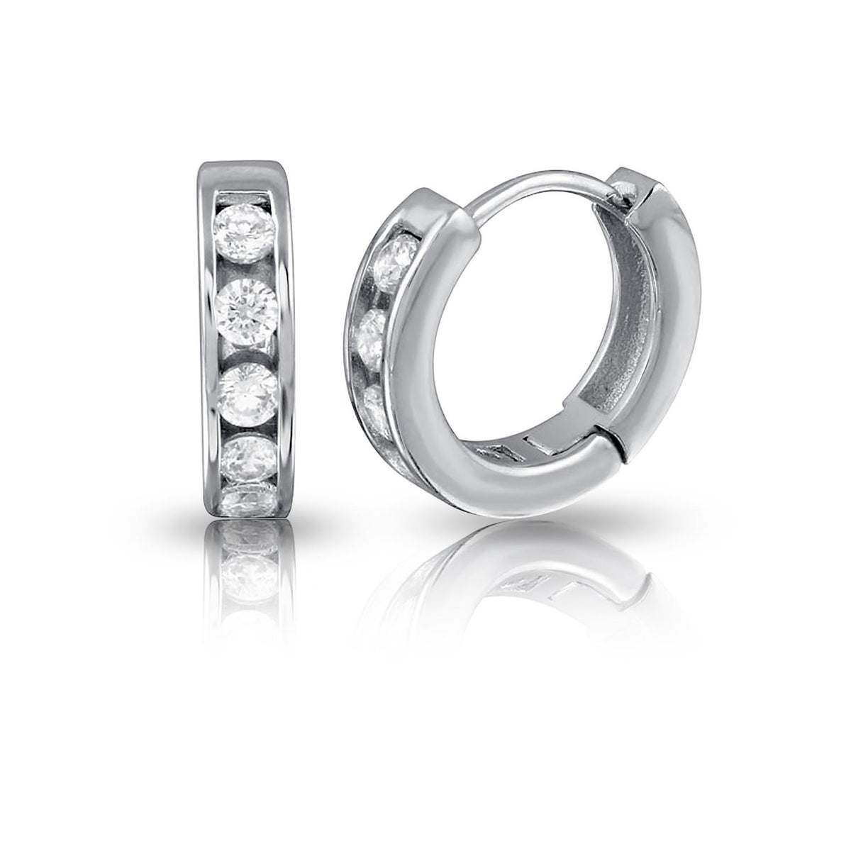 PARIKHS Rhodium Plated Channel Clear CZ Huggie Earring in 925 Sterling Silver