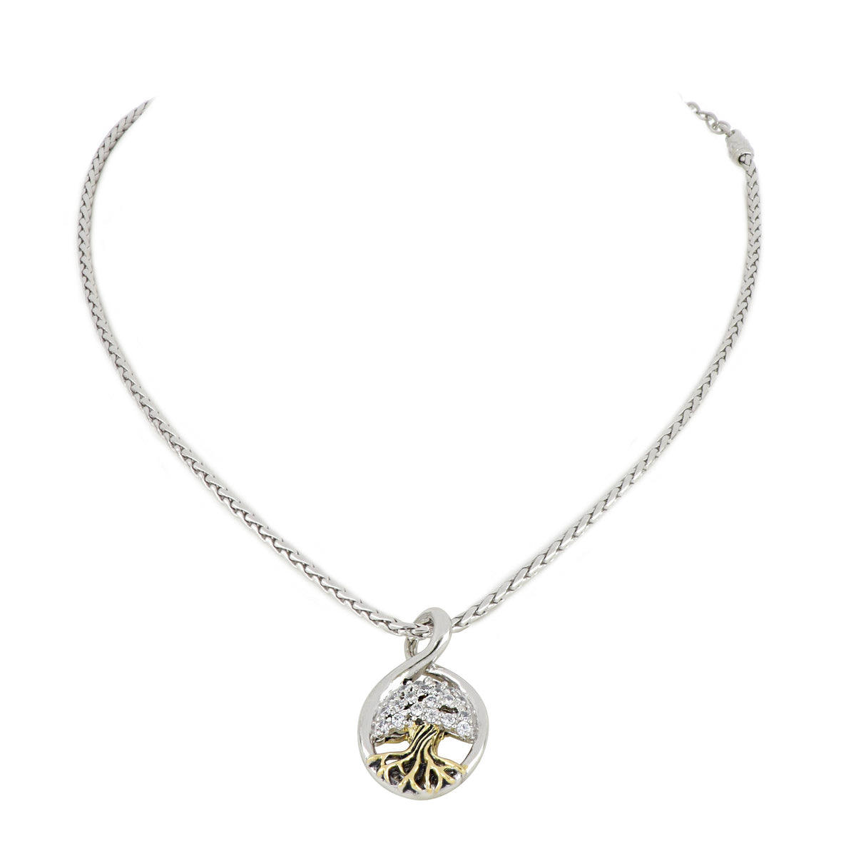 John Medeiros Tree Of Life Pendant with Chain, Clear Pave CZ. Pendant: 3/4" W x 1" L. Chain Length: 16"-18" adju