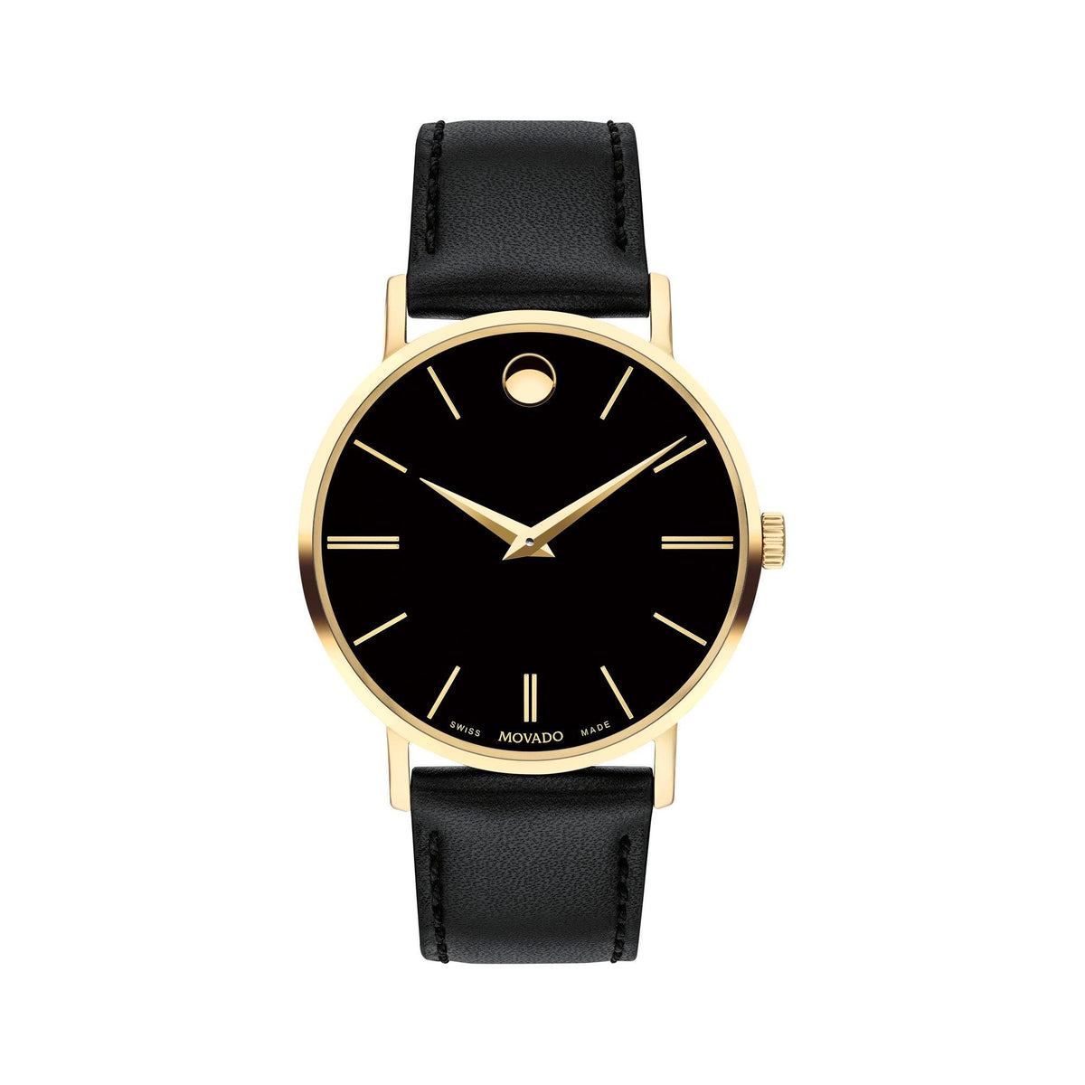 Movado Mens Corporate Exclusive Gold and Black Leather Strap Watch Black Dial