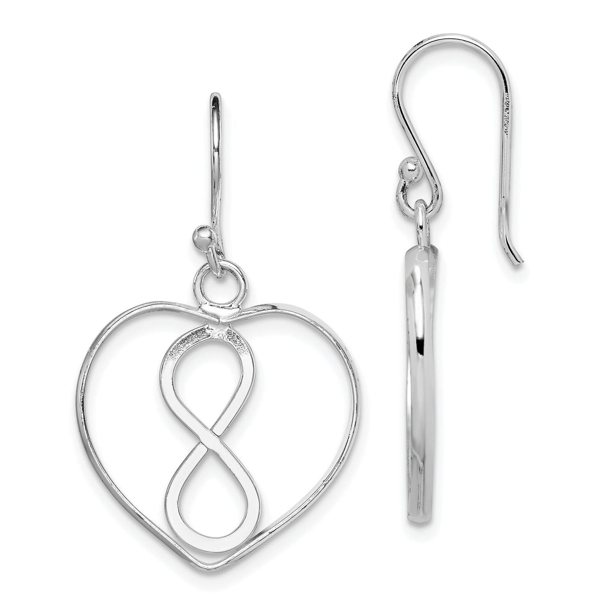 Distinctive Sterling Silver Open Heart with Infinity Symbol Dangle Earrings