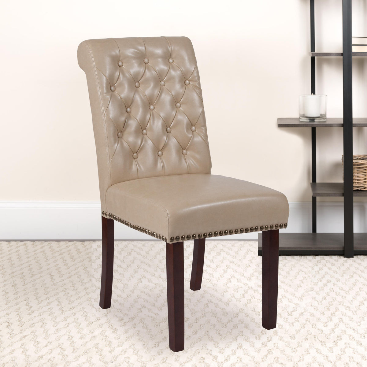Flash Furniture Black LeatherSoft Parsons Chair w/Rolled Back, Accent Nail Trim &Walnut Finish