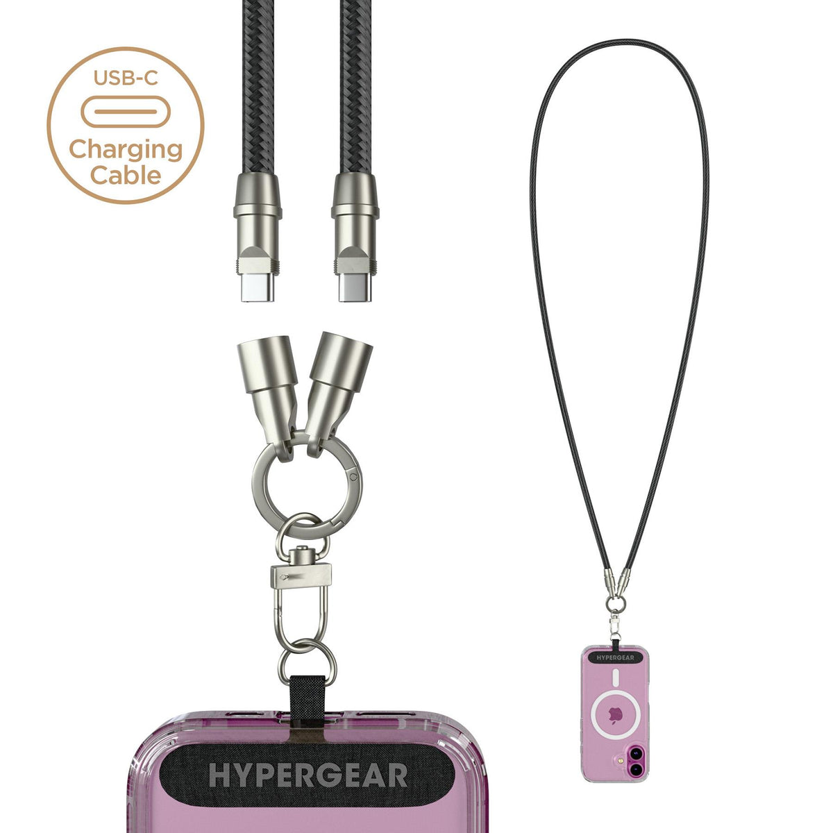 HYPERCEL HyperGear 2-in-1 Universal Crossbody Phone Strap and Charging Cable black