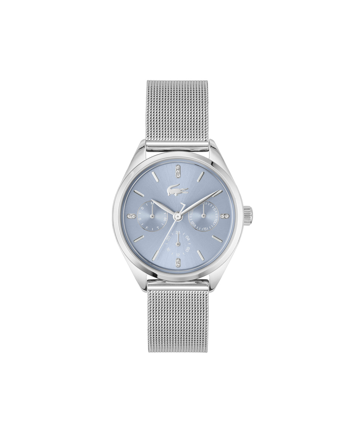 Lacoste Atena Ladies. Stainless Steel Case and Mesh Bracelet. Blue multi-function Dial