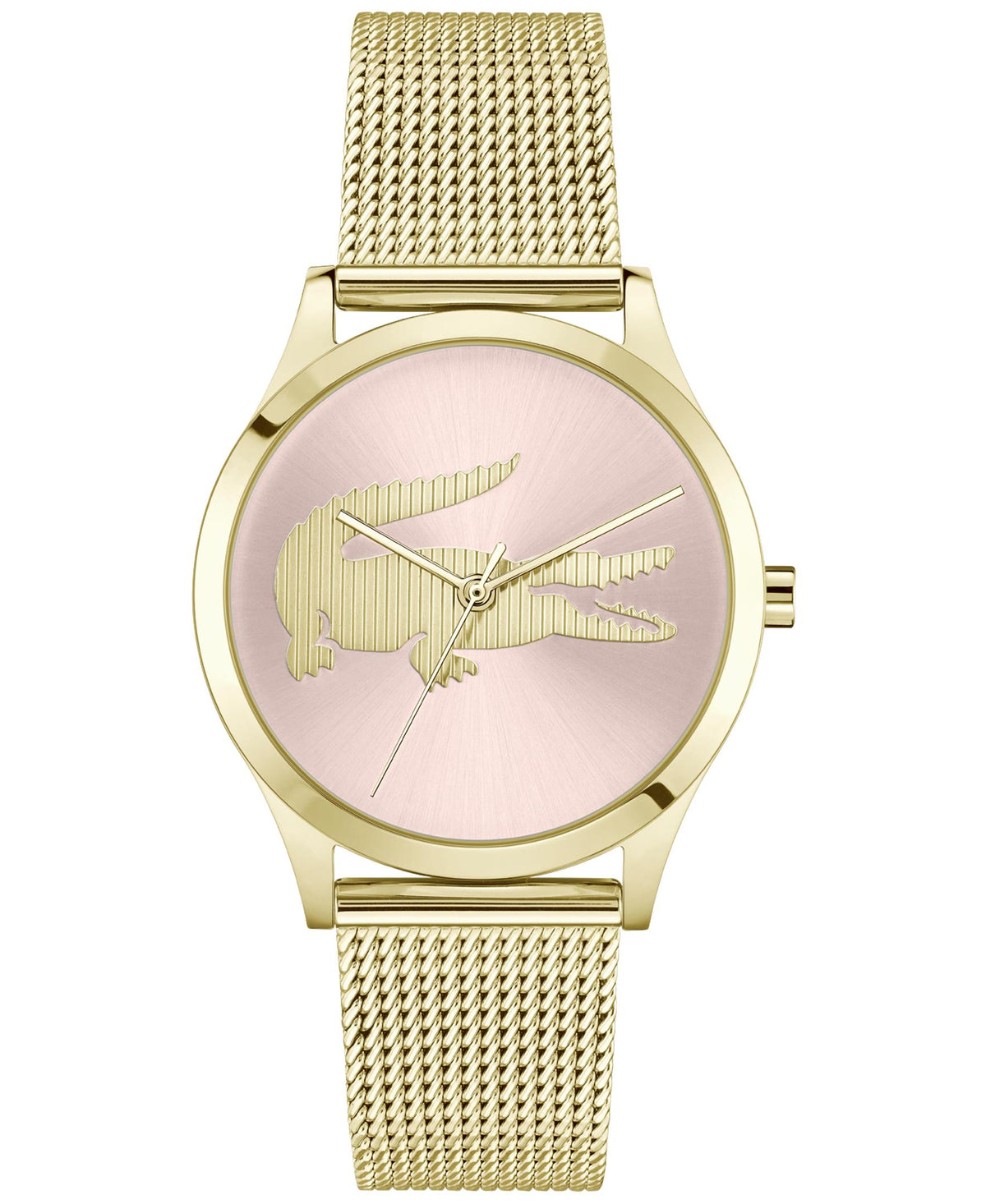 Lacoste Crocodelle Ladies Yellow Gold IP Case and Mesh Bracelet. Pink Dial.