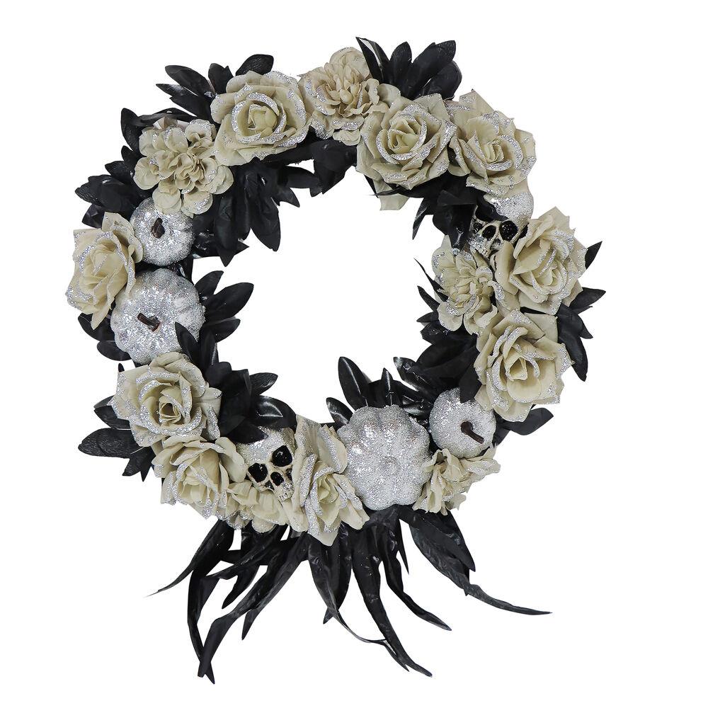 15-In. Halloween Black and Silver Floral Wreath with Glitter Pumpkins and Skulls for Haunted House H