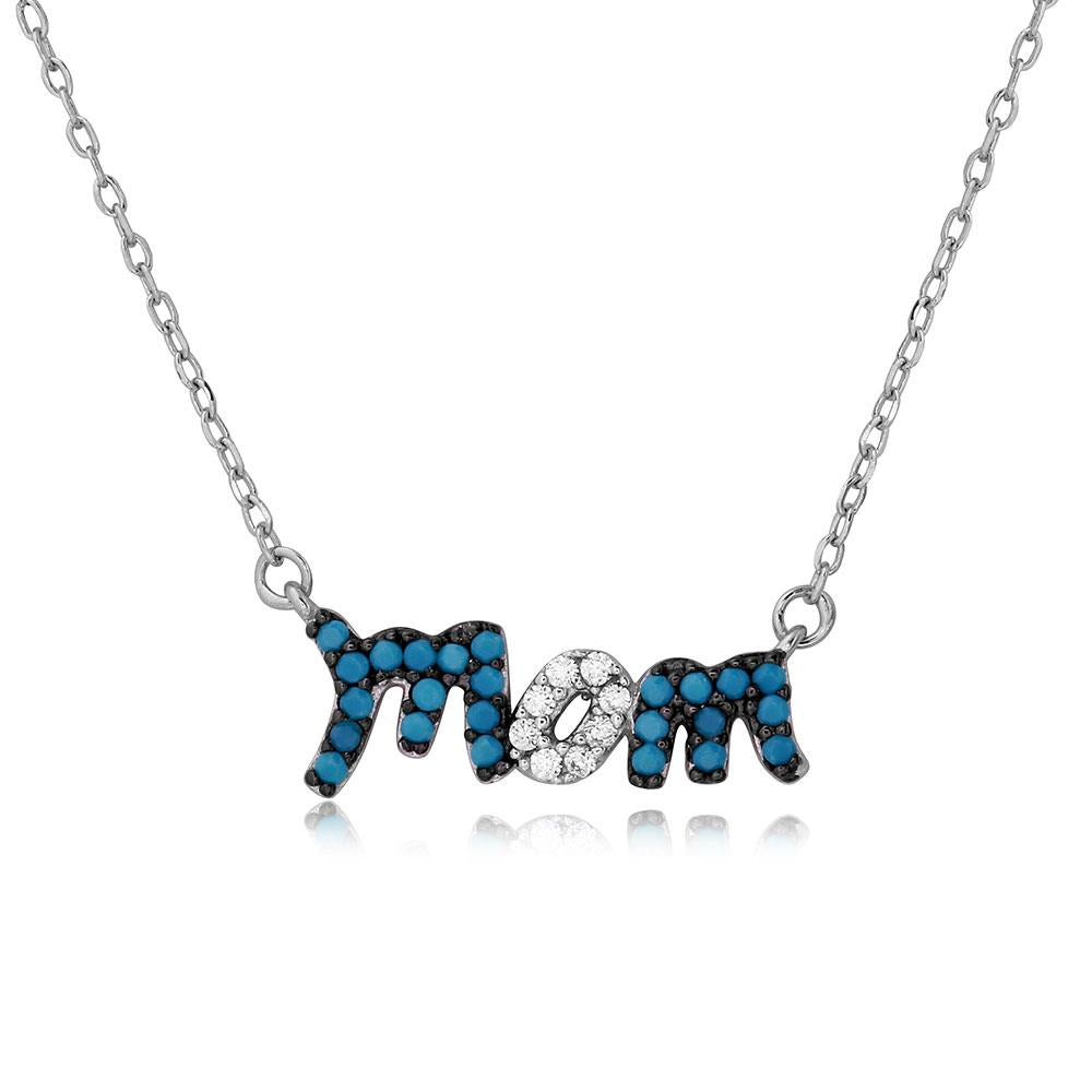 PARIKHS Rhodium Plated Turquoise and CZ Stones Mom Necklace in 925 Sterling Silver