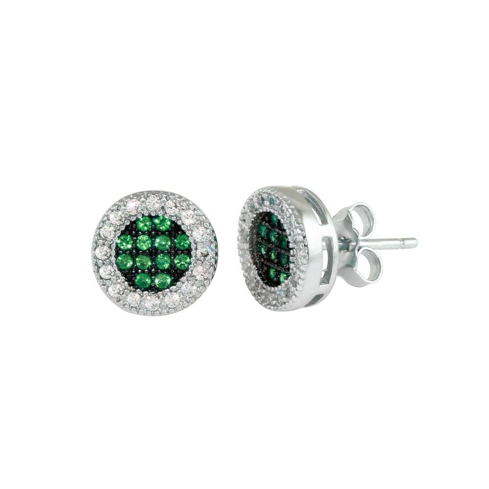 PARIKHS Rhodium Plated Clear and Green CZ Halo Stud Earring in 925 Sterling Silver