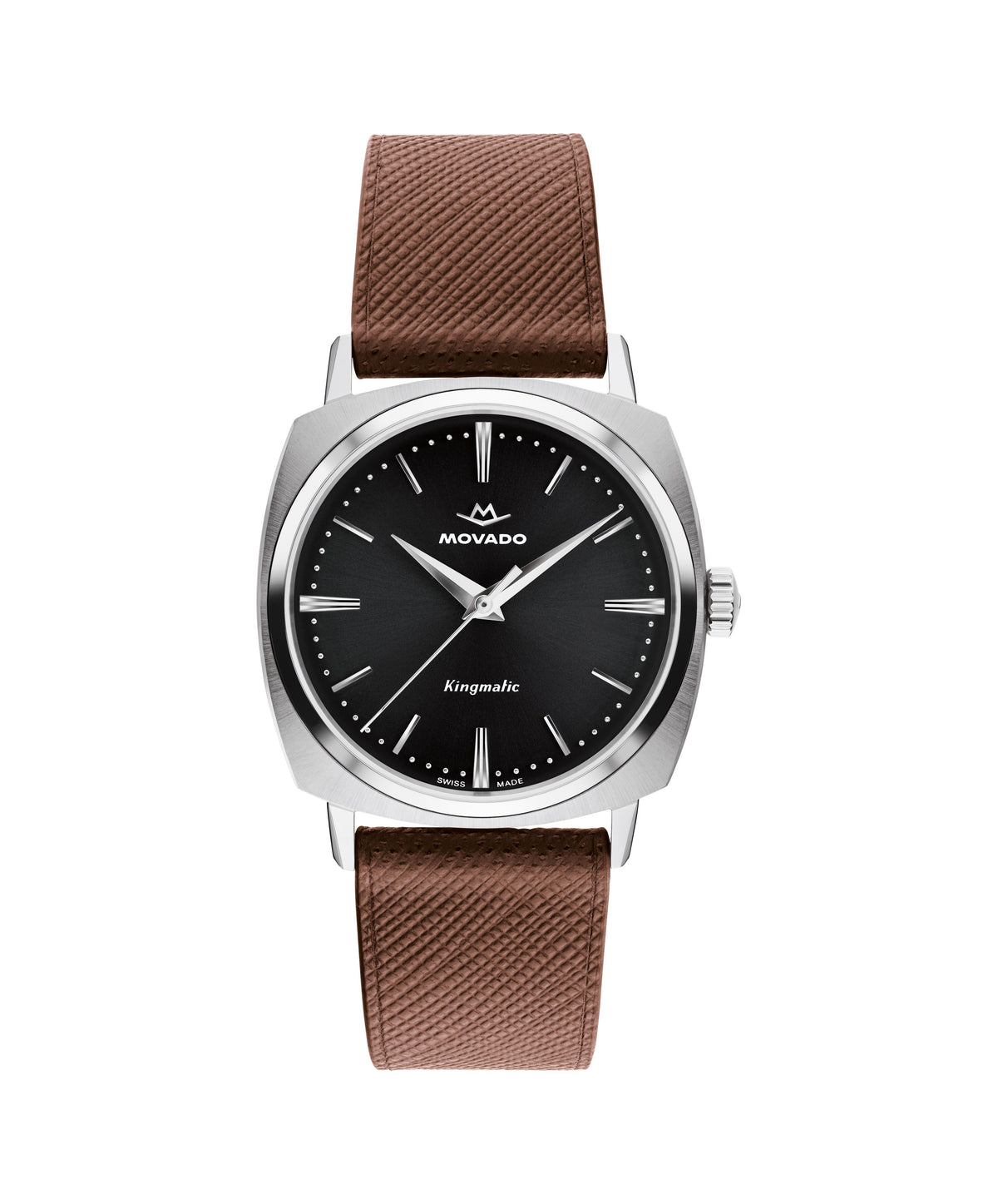 Movado Kingmatic. Stainless Steel case. Brown Leather Strap. Black Dial