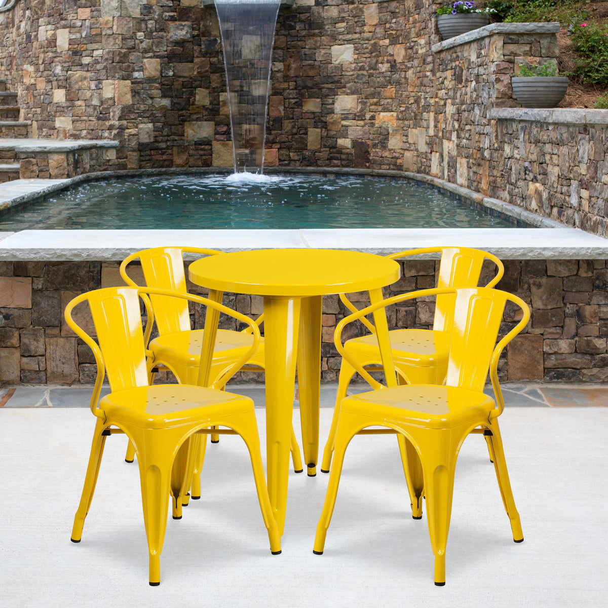 Flash Furniture 24" Round Yellow Metal Indoor-Outdoor Table Set with 4 Arm Chairs