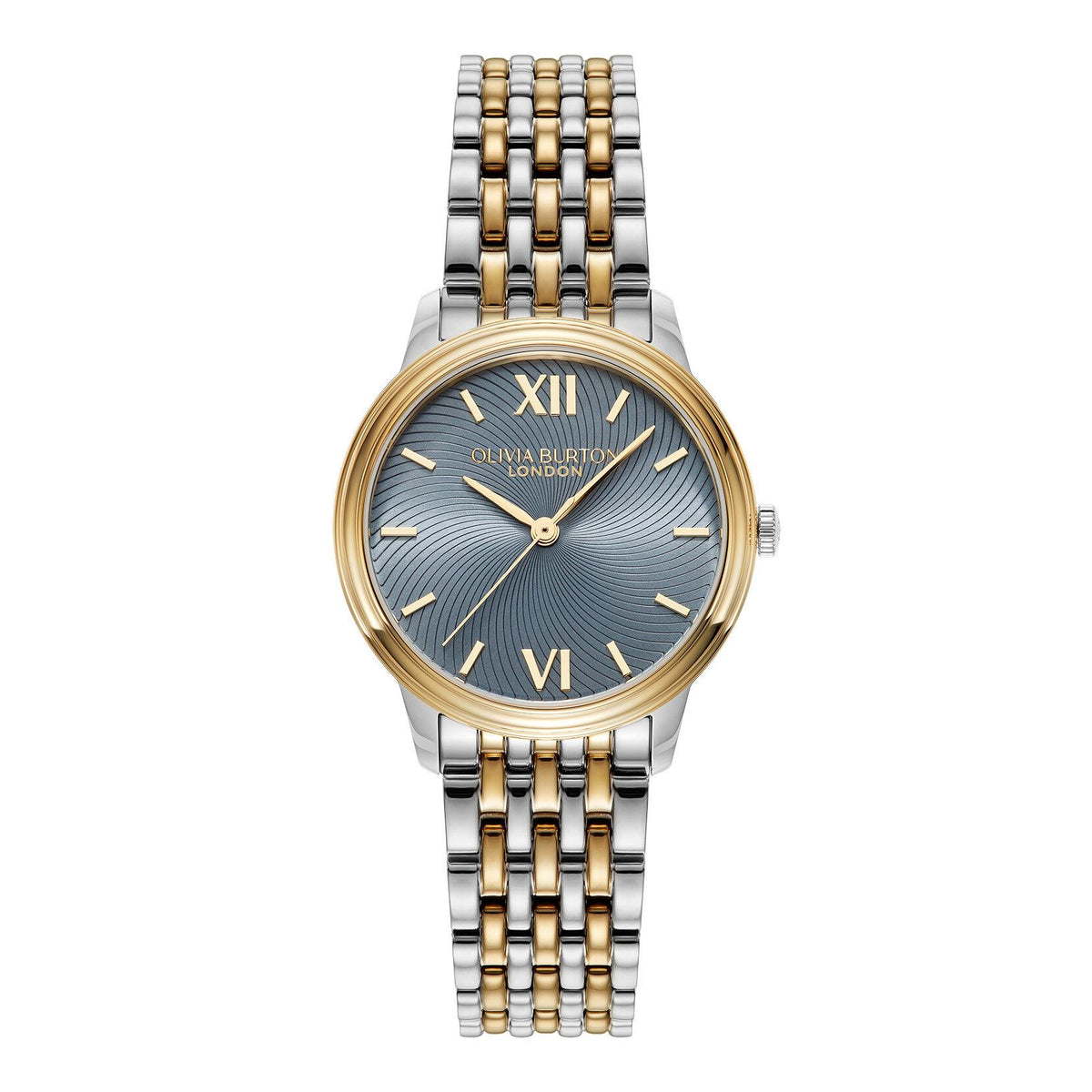 Olivia Burton Classic Swirl. Two-Tone/Stainless steel case & link bracelet. Chalk blue dial