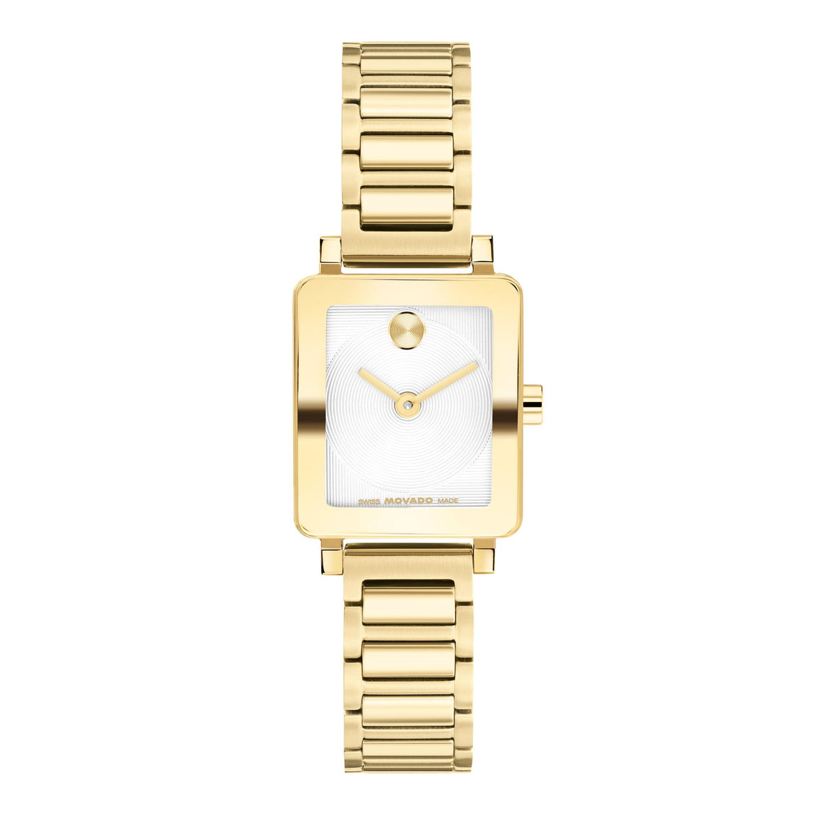 Movado Bold Evolution 2.0 Mini Tank. Yellow Gold IP case & bracelet. Silver White micotextured Dial
