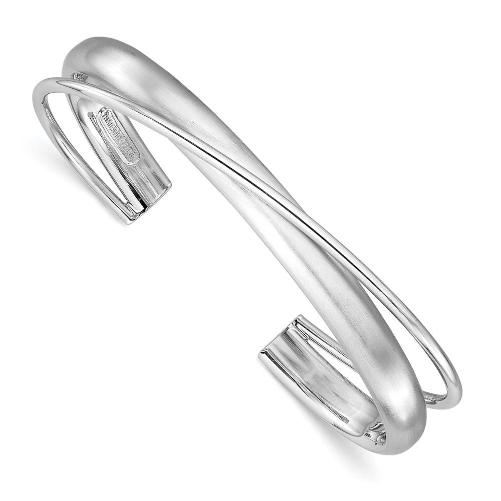 Distinctive Sterling Silver Rhodium-plated Satin Polished Criss Cross Cuff Bangle