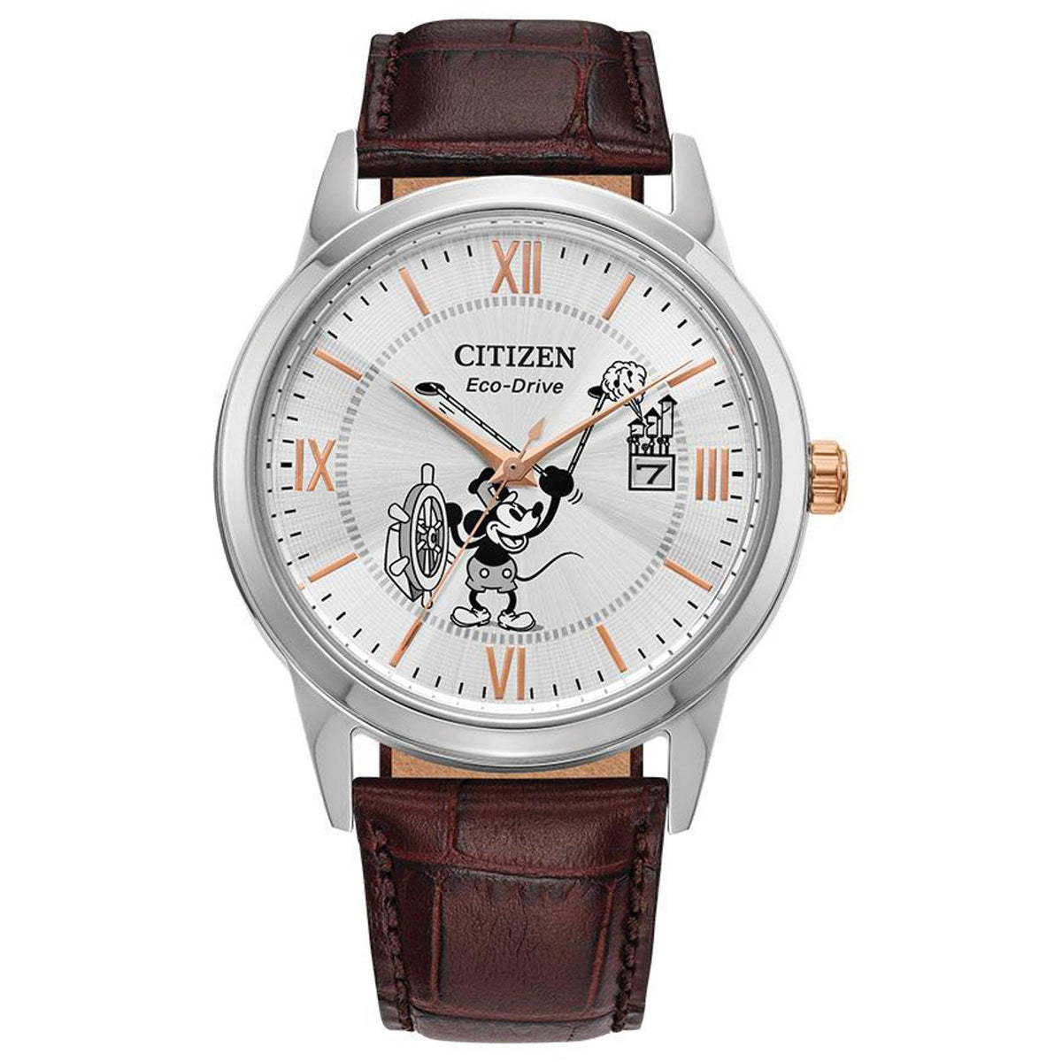 Disney by Citizen Men's Steamboat Willie 1928 Eco-Drive Brown Leather Strap Watch Silver Dial