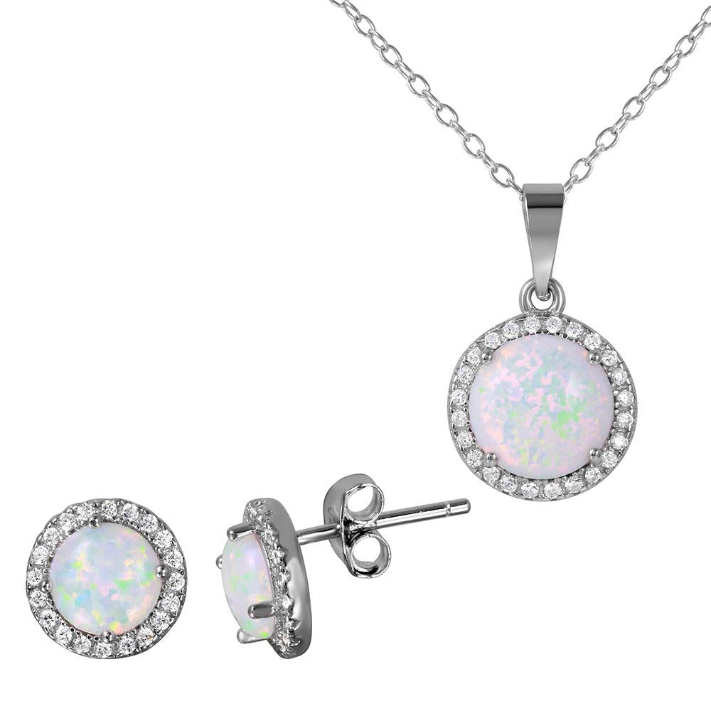 PARIKHS Rhodium Plated Halo Necklace-Earring Set with Synthetic Opal and CZ in 925 Sterling Silver