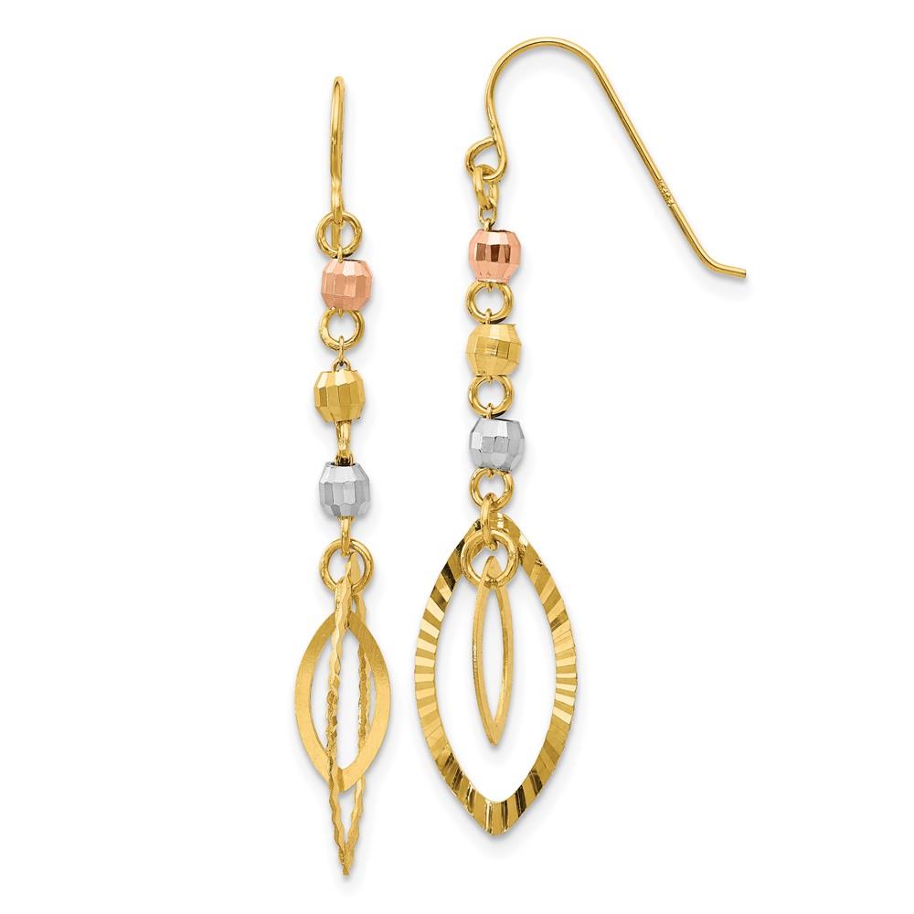 Distinctive 14K Tri-Color Diamond-cut Bead Oval Dangle Earrings