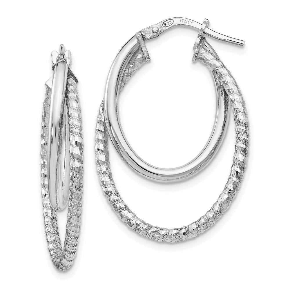 Distinctive Sterling Silver Polished Diamond Cut Oval Hoop Earrings