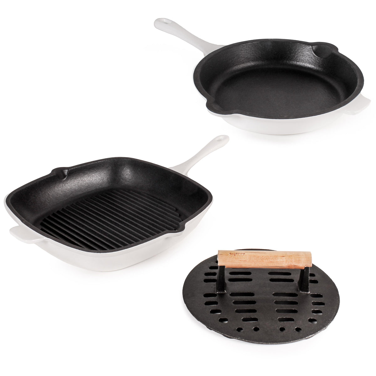 BergHOFF Neo 3pc Enamel on Cast Iron Cookware Set: 10" Fry Pan, Grill Pan and Slotted Steak Press, White