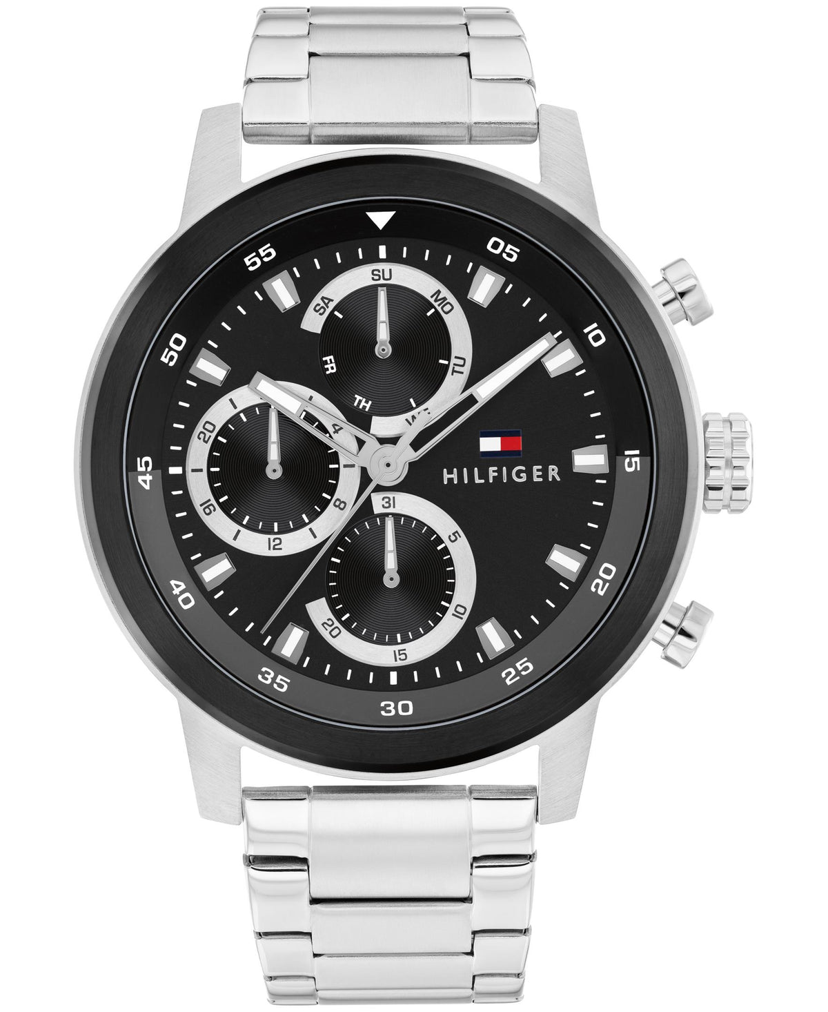 Tommy Hilfiger Gents. SS Case and Bracelet. Black IP Bezel. Black Multi-function dial.