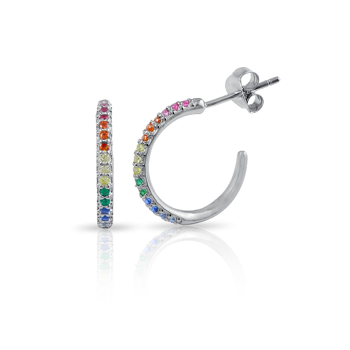 PARIKHS Rhodium Plated CZ Semi Rainbow Hoop Earrings in 925 Sterling Silver