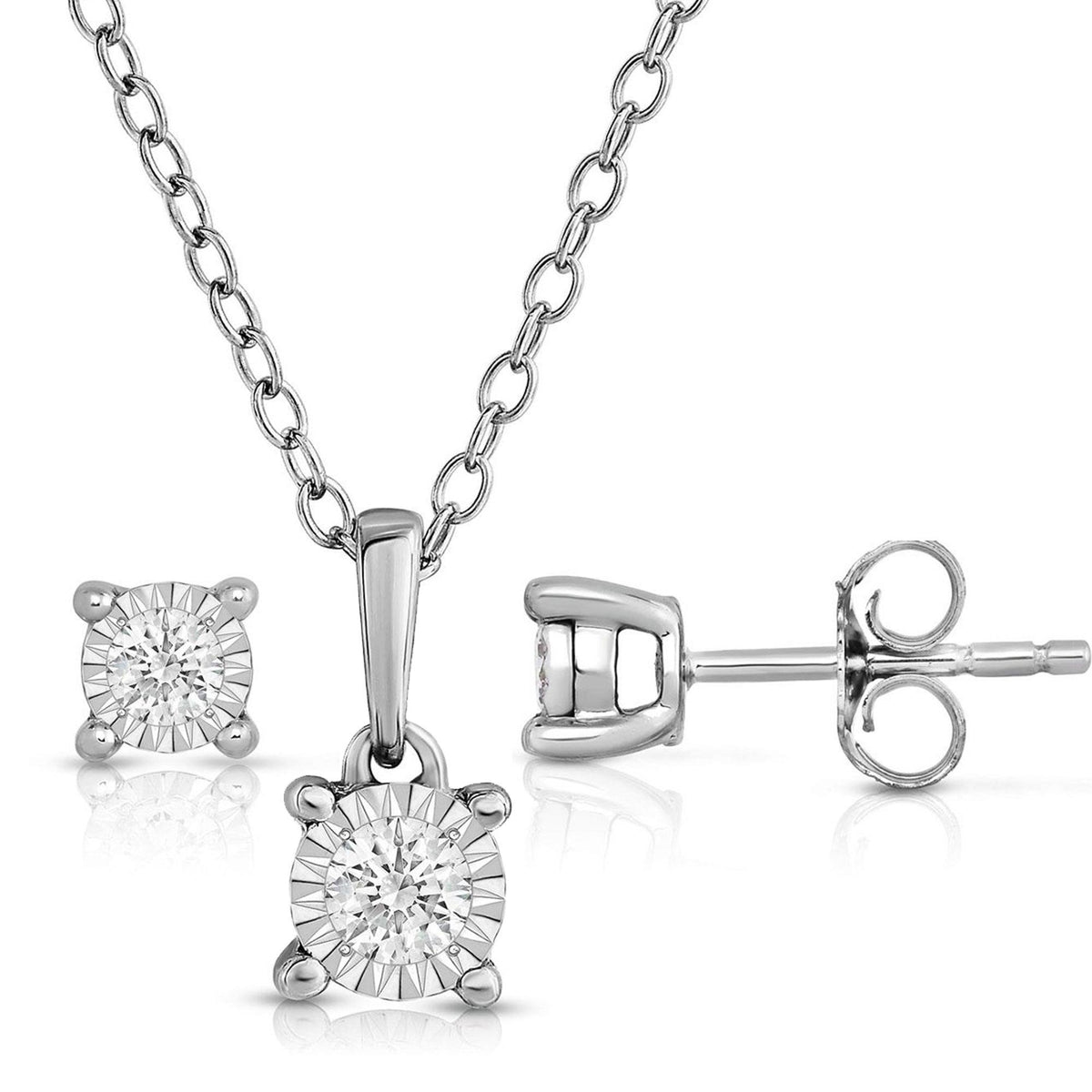 Jilco Diamond Solitaire Earrings and Necklace Set - .30twt Silver