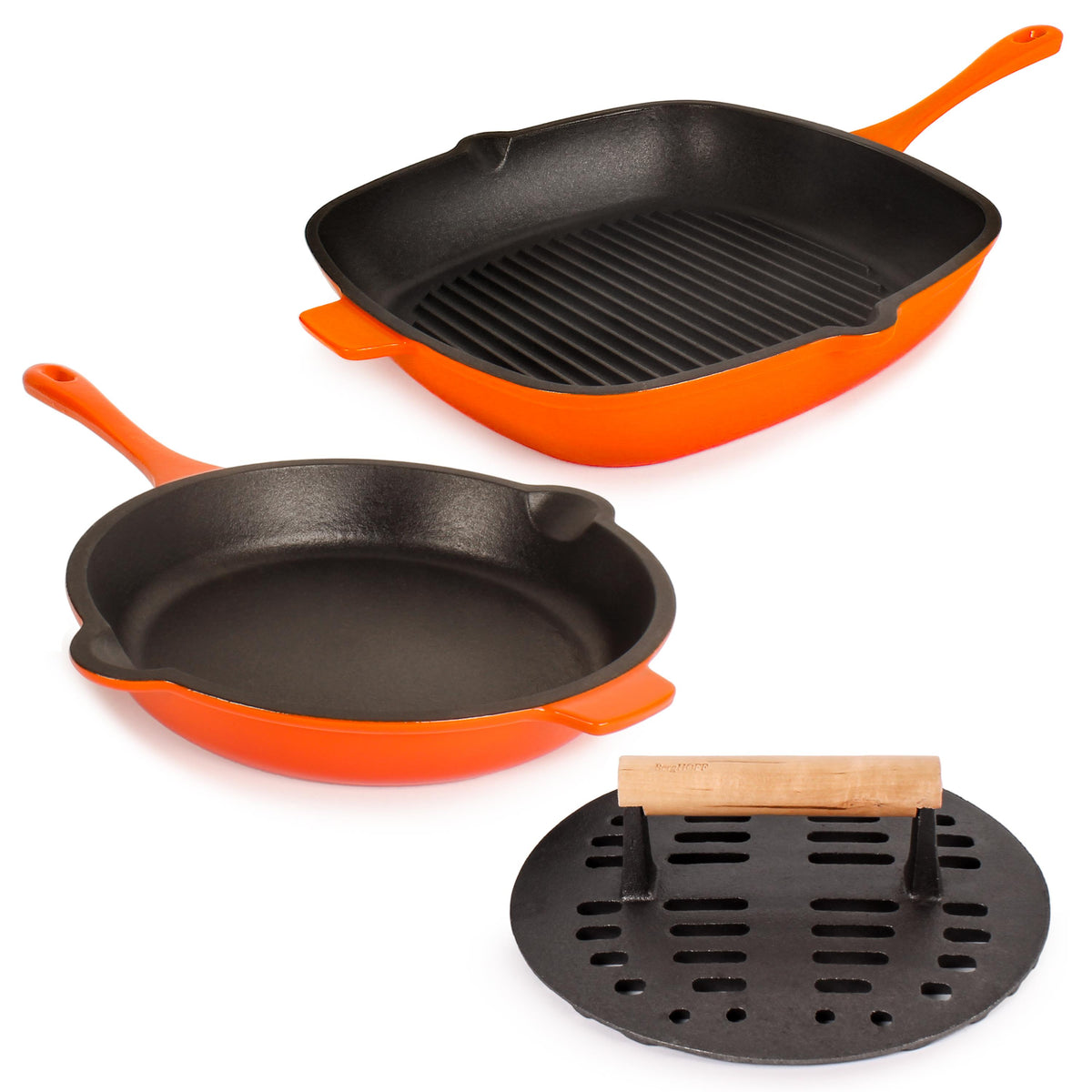 BergHOFF Neo 3pc Enamel on Cast Iron Cookware Set: 10" Fry Pan, Grill Pan and Slotted Steak Press, Orange