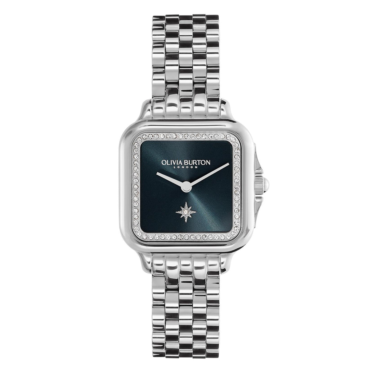 Olivia Burton Grosvenor. Stainless Steel case & link bracelet. Blue dial with North Star & crystals