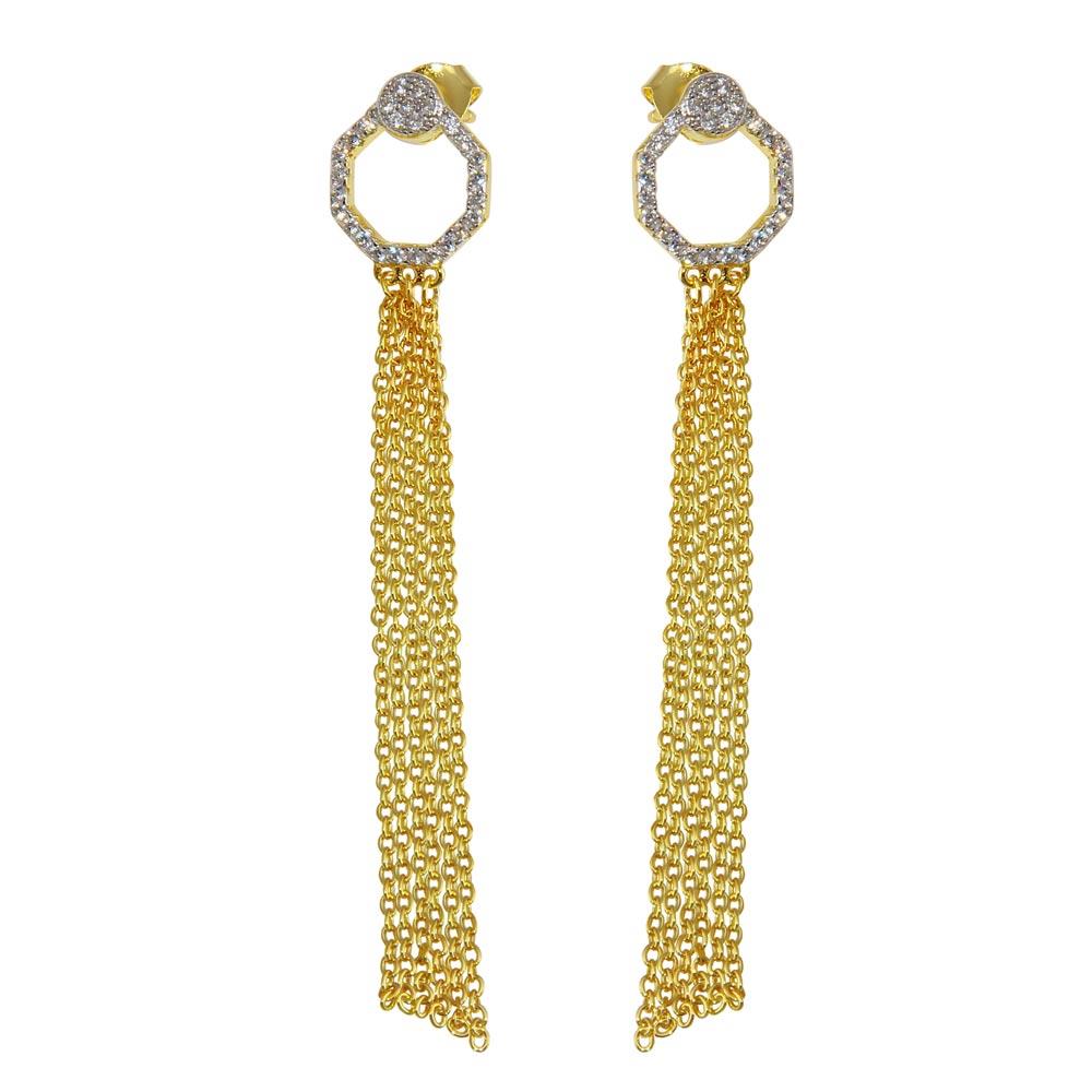 PARIKHS Gold Plated Open Circle CZ Teardrop Chain Dangling Earring in 925 Sterling Silver