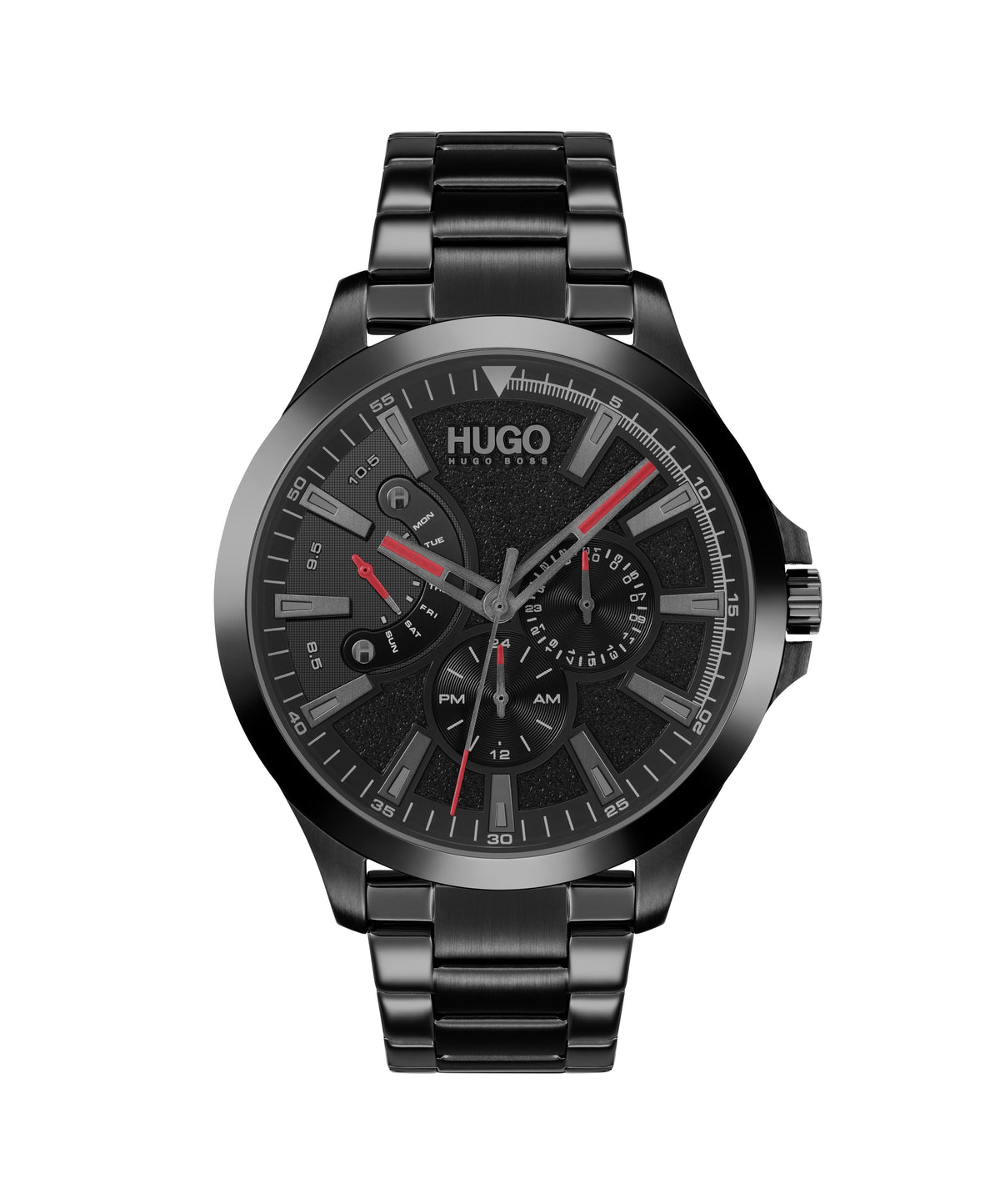 Hugo #Leap Gents. IP Black Steel Case and bracelet. Black Dial.