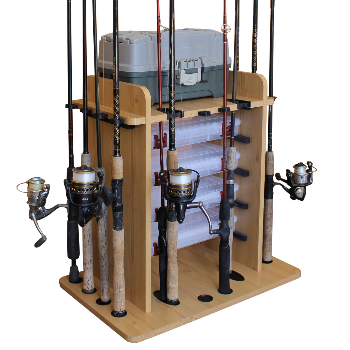 Rush Creek 14-Fishing Rod Storage Rack with Bait Bin Storage