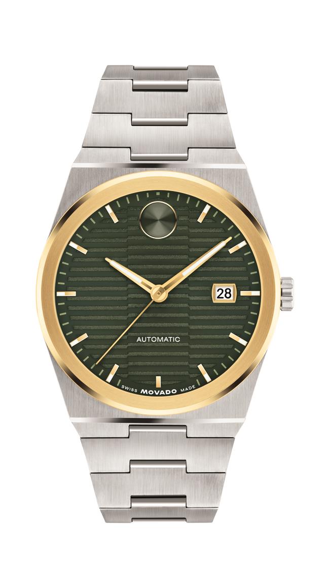 Movado Bold Quest Automatic. Stainless Steel Case and Bracelet. YG IP Bezel. Green dial