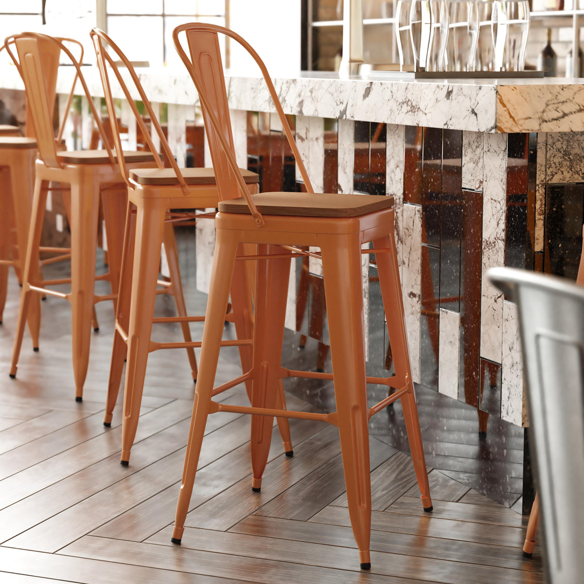 Flash Furniture All-Weather Commercial Bar Stool with Removable Back/Poly Seat-Orange/Teak