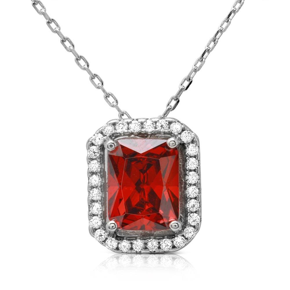 PARIKHS Rhodium Plated Red Square Halo Pendant with chain in 925 Sterling Silver