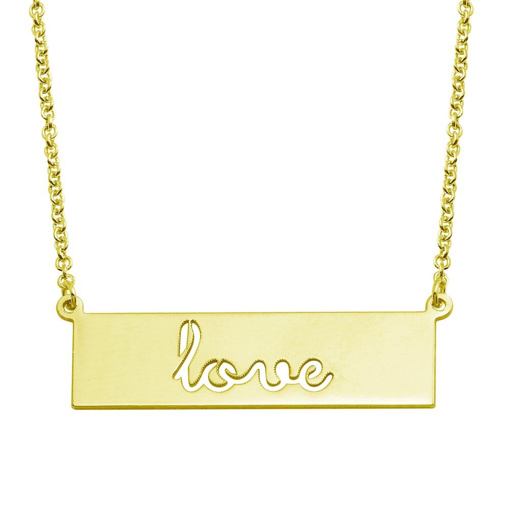 PARIKHS Gold Plated Love Engraved Bar Pendant Necklace in 925 Sterling Silver