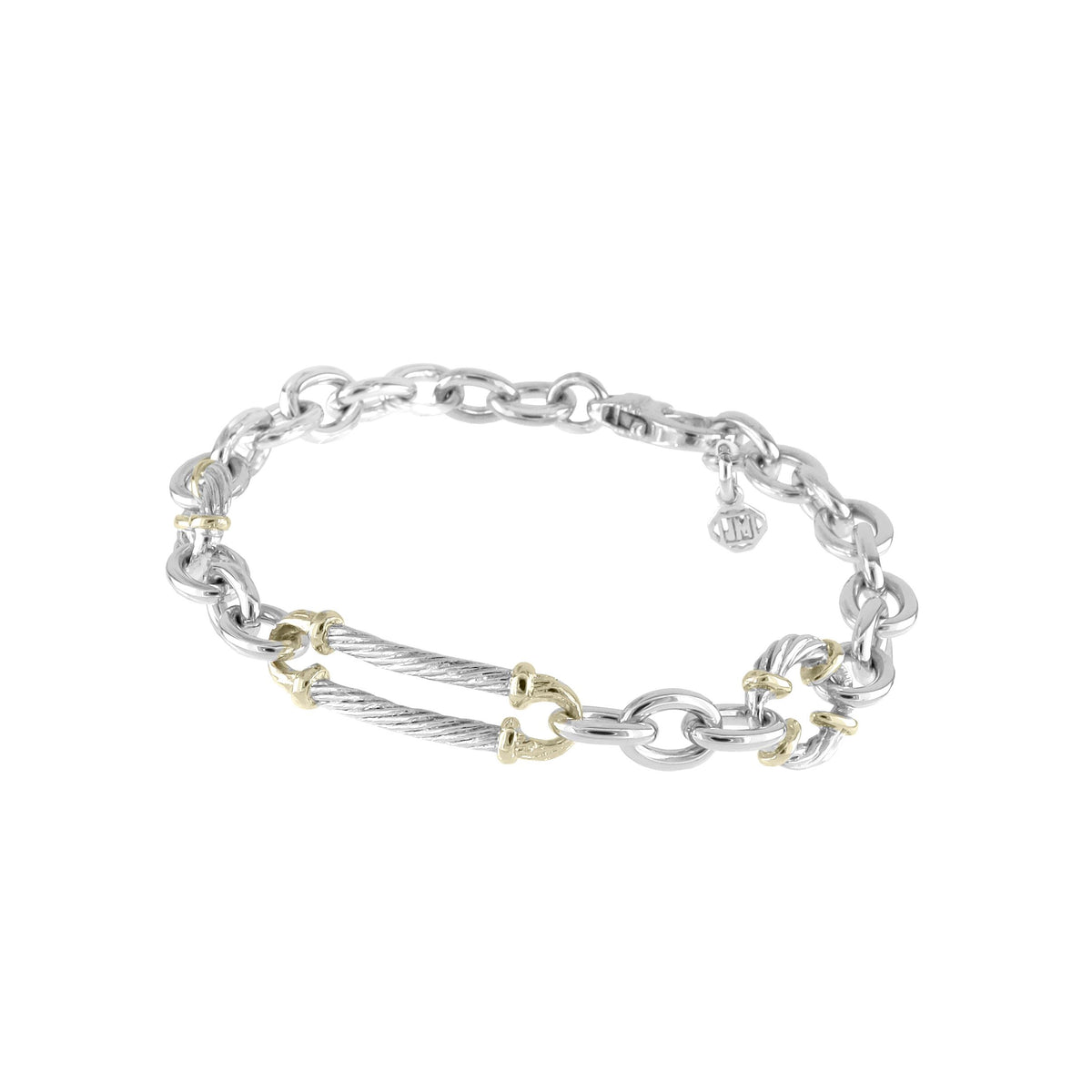 John Medeiros Cordo Circle & Oval Link Bracelet Two Tone 8". Rhodium and Gold
