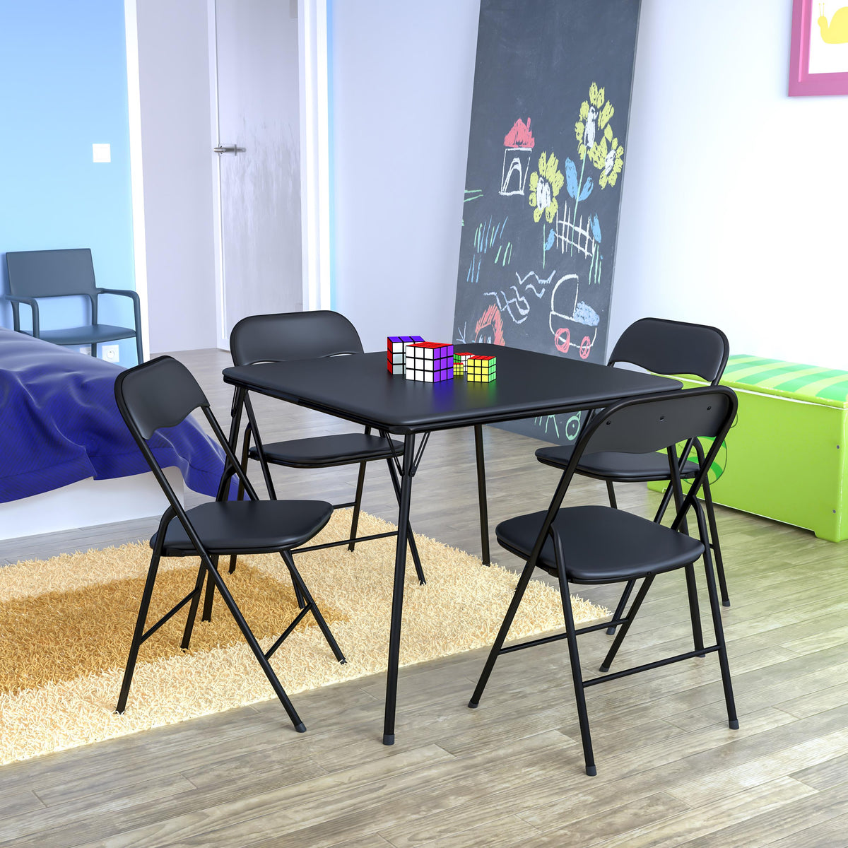 Flash Furniture 5 Piece Black Folding Card Table and Chair Set with Upholstered Table Top
