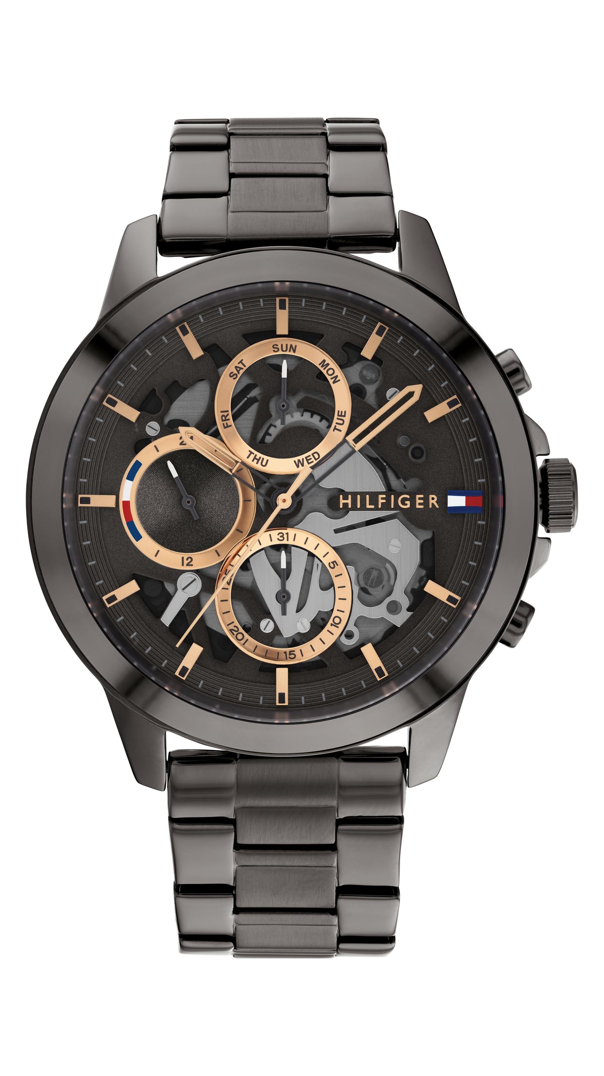 Tommy Hilfiger Gents. IP Grey Steel Case & Bracelet. Grey Skeleton multi-function Dial.