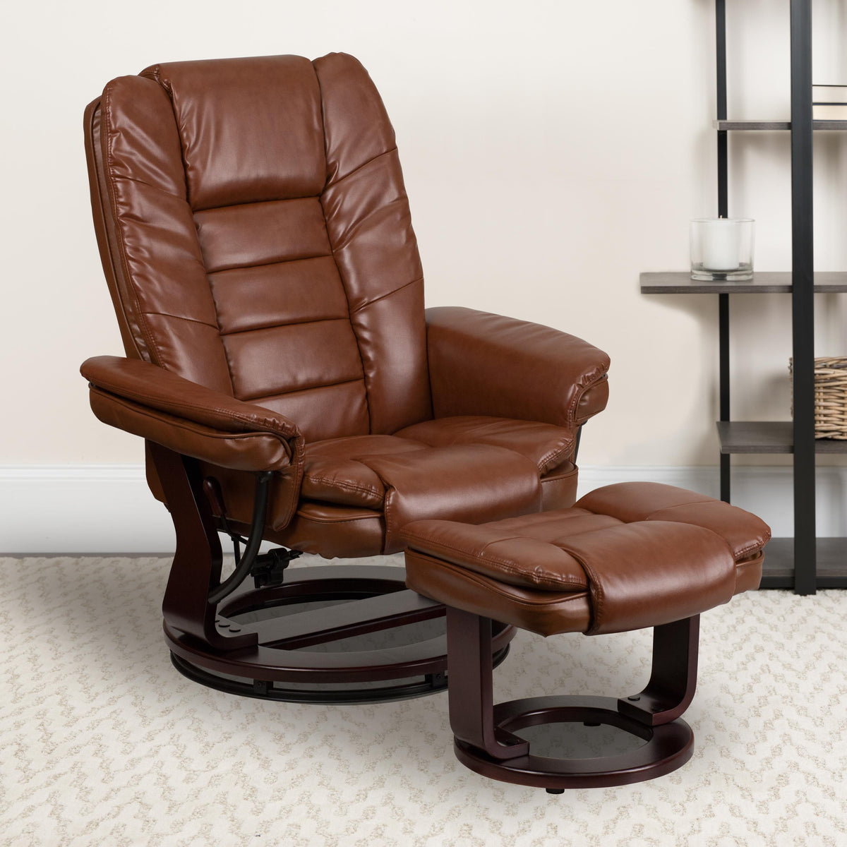 Flash Furniture Black LeatherSoft Multi-Position Recliner &Ottoman w/Swivel Mahogany Wood Base