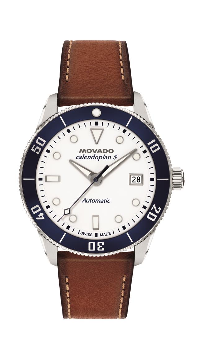 Movado Automatics Heritage calendoplan Automatic Gents. SS & blue aluminum Case. Cognac Leather Strap. White Dial.