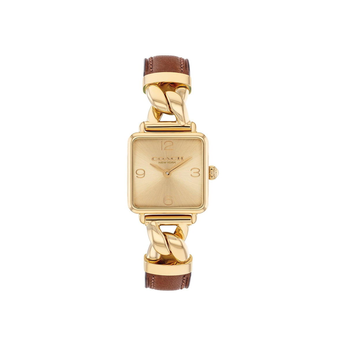 Coach Ladies Cass Gold & Brown Leather Strap Square Watch Gold Dial