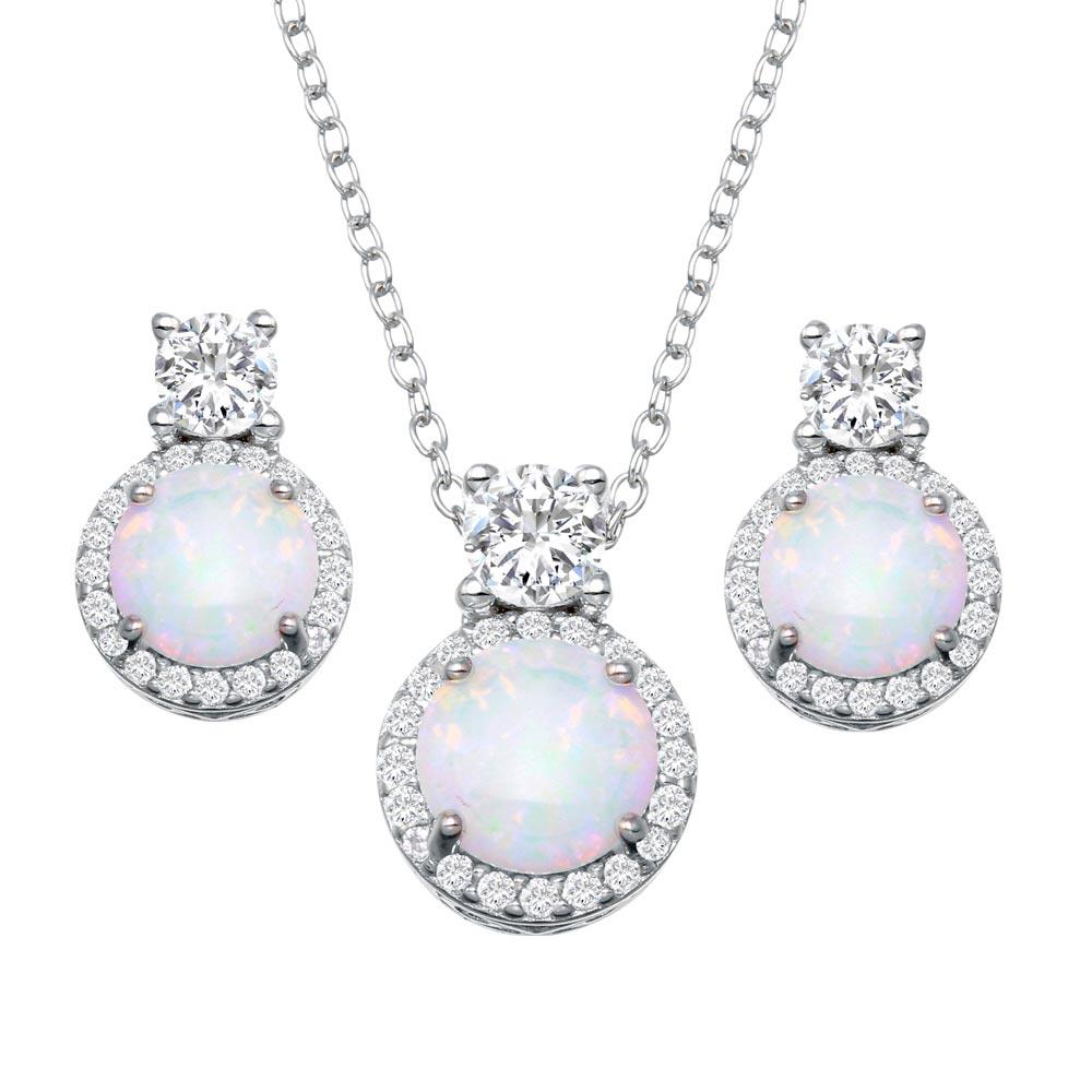 PARIKHS Rhodium Plated Round Synthetic Opal Halo Necklace-Earring Set with CZ in 925 Sterling Silver