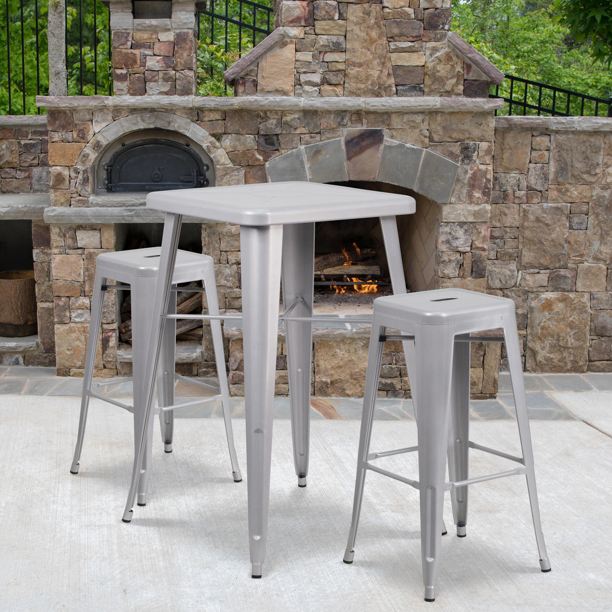 Flash Furniture 23.75" Square Silver Metal Bar Table Set with 2 Square Seat Backless Stools