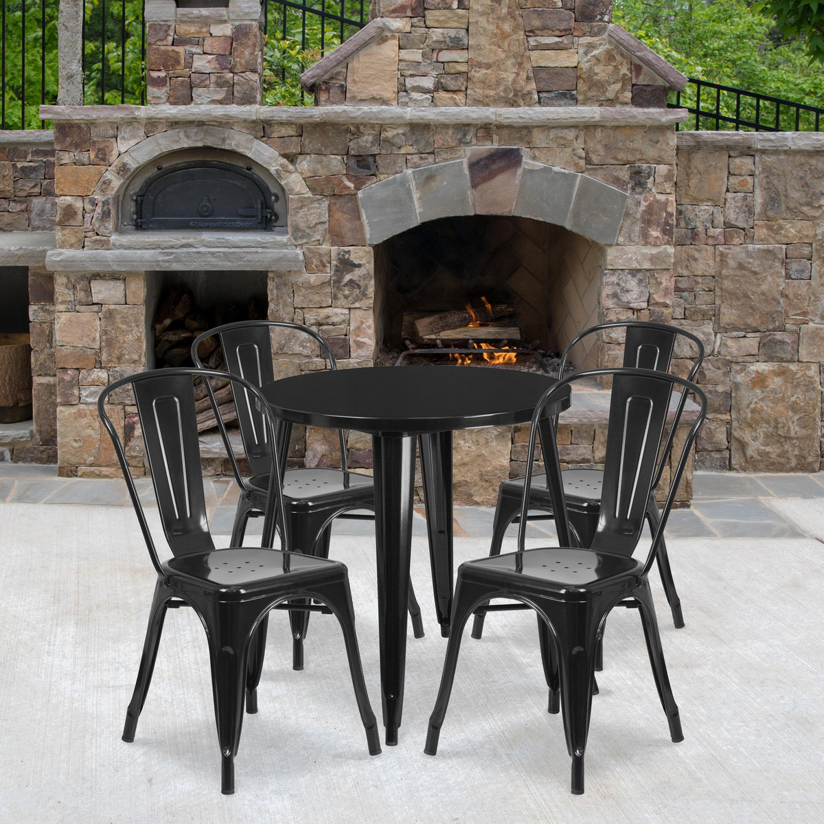 Flash Furniture 30" Round Black Metal Indoor-Outdoor Table Set with 4 Cafe Chairs