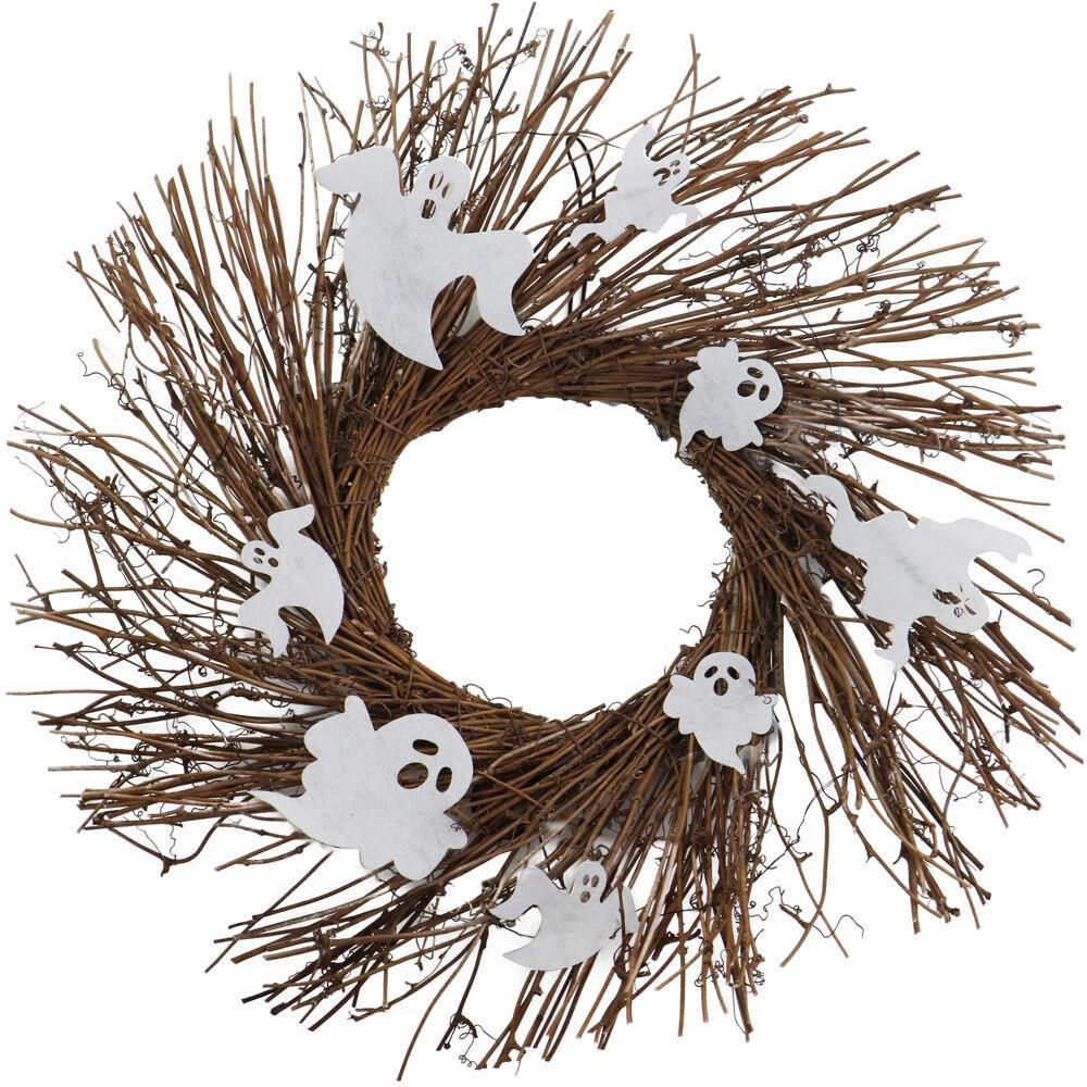 Haunted Hill Farm 20-in Prelit Rattan Wreath with Ghosts, Battery Operated