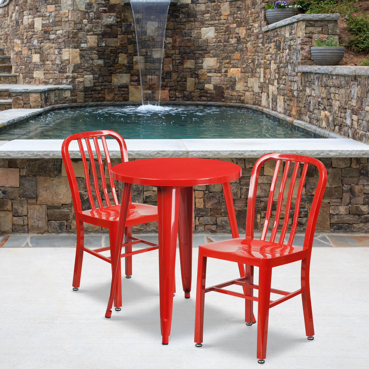 Flash Furniture 24" Round Red Metal Indoor-Outdoor Table Set with 2 Vertical Slat Back Chairs
