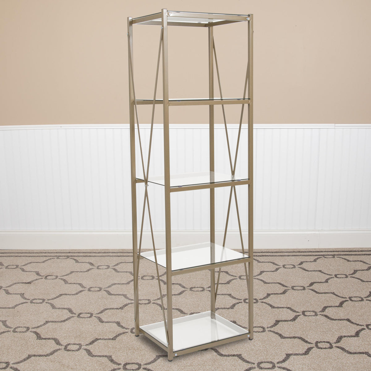 Flash Furniture 4 Shelf 64"H Cross Brace Glass Bookcase in Matte Gold - Tempered Glass Shelves